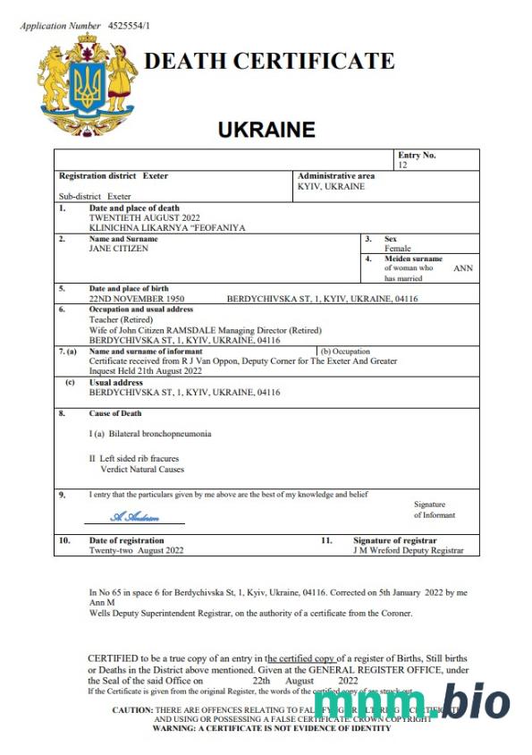 Ukraine śmierć certyfikat Word i PDF szablon